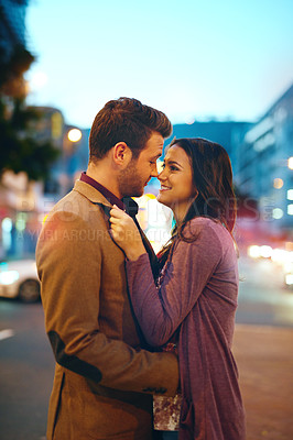 Buy stock photo Couple, night and city with hug for love, bonding and romance in relationship with life partner. Happiness, affection and people with commitment and trust, sweet moment and romantic together outdoor