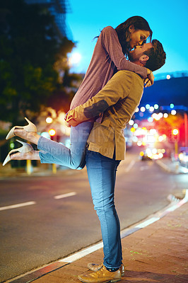 Buy stock photo City, couple and hug in night, kiss and love of man together with woman on street and romance. Outdoor, road and female person with partner, embrace and anniversary of relationship in New York