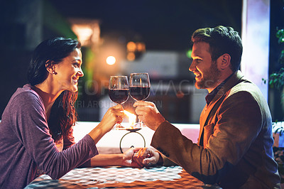 Buy stock photo Cheers, wine and couple on date in restaurant, romance and  happiness in celebration of love and drinks. Romantic honeymoon night, man and woman toast glasses in cafe, smile on dinner holiday travel.