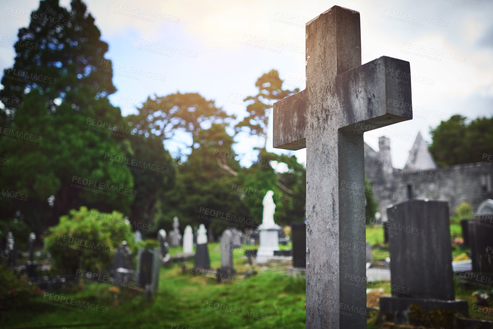 Buy stock photo Funeral, tombstone and graveyard with cross in nature Christian, religion for and burial in death. Outdoor, trees and crucifix with peace at Holy Ground for remembrance, memory and RIP at cemetery