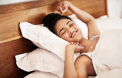 Buy stock photo Morning, stretching and woman in bed to wake up, smile and happiness after sleeping or resting. Relax, peace and comfort of female person in bedroom for feeling fresh, calm and freedom at home