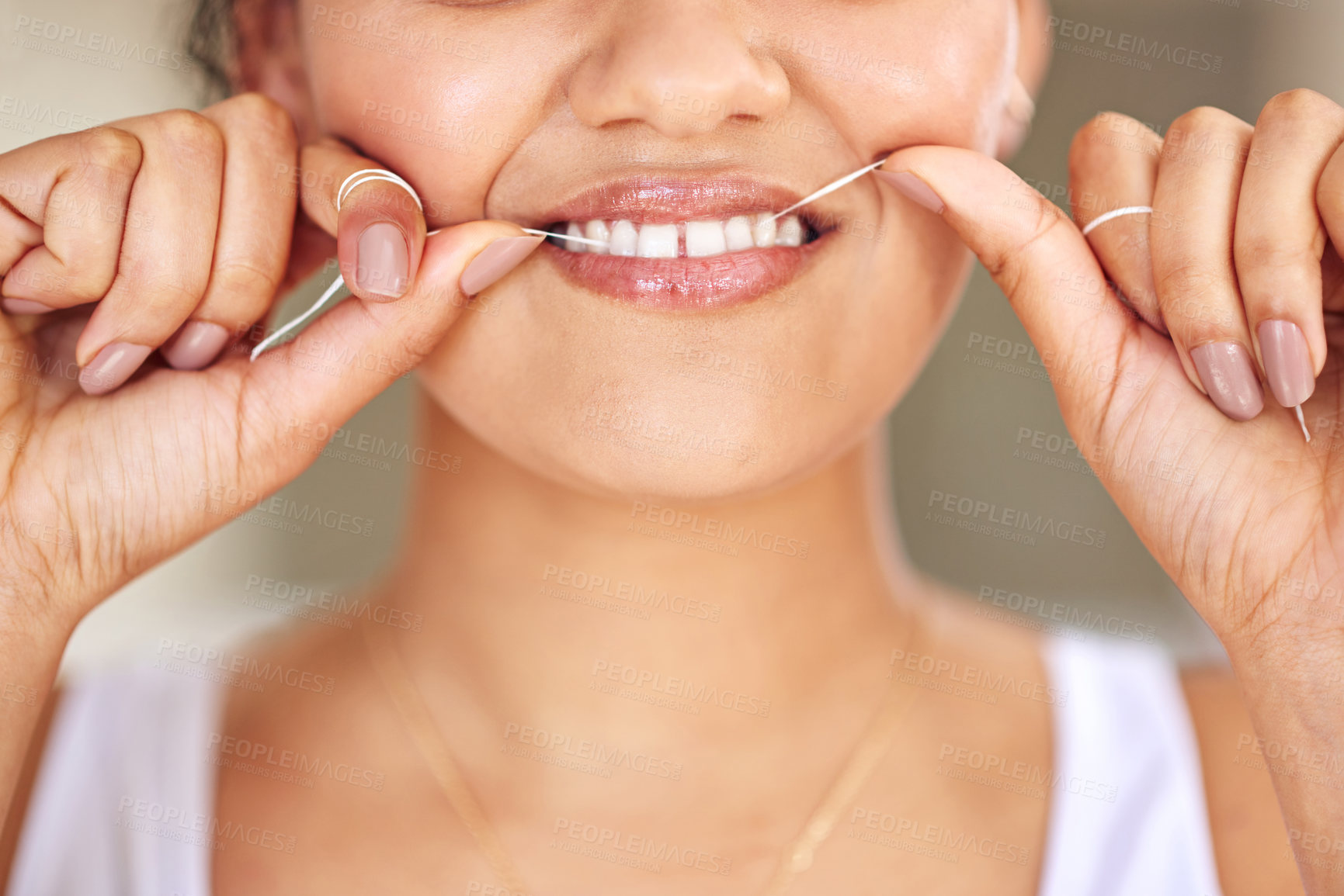 Buy stock photo Happy, dental floss and mouth of woman with cleaning teeth for morning routine with health. Smile, dentistry and closeup of person with oral care product for hygiene treatment to prevent cavity.
