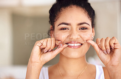 Buy stock photo Happy, dental floss and portrait of woman with cleaning teeth for morning mouth routine in bathroom. Smile, dentistry and face of female person with oral care thread for hygiene treatment at home.