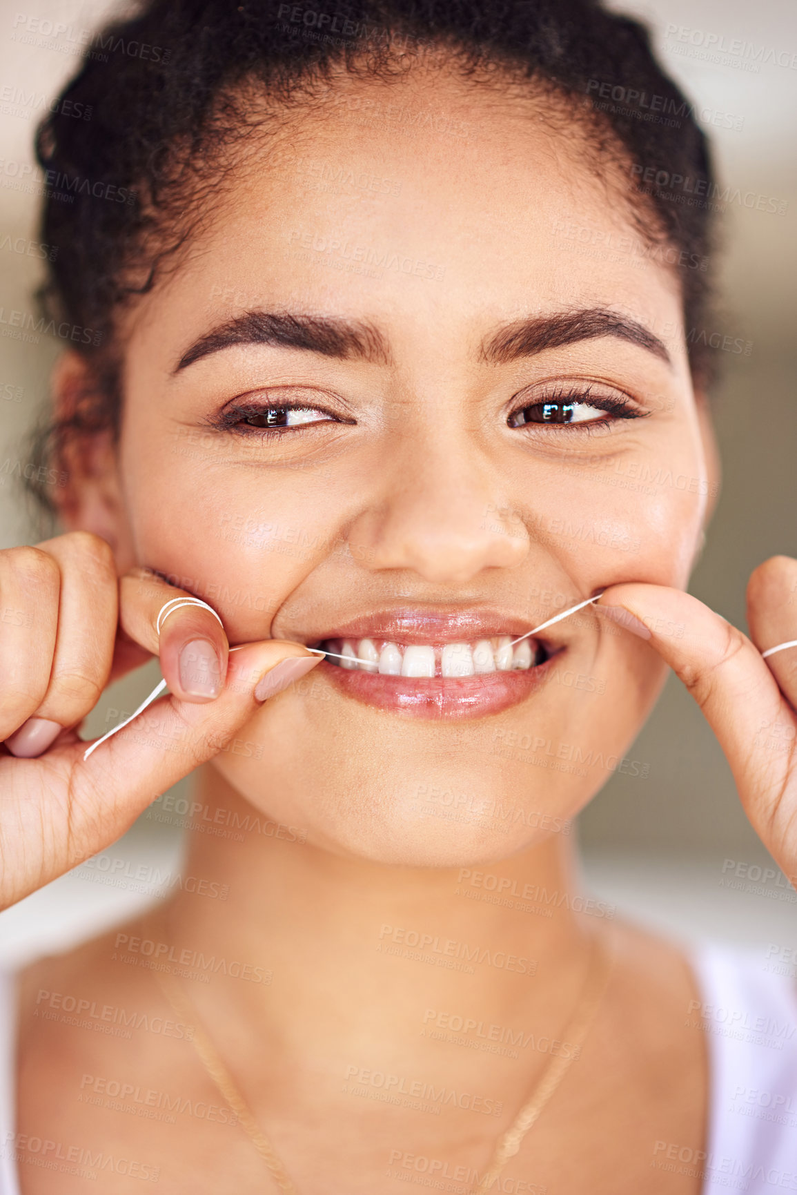 Buy stock photo Smile, floss and woman with cleaning teeth routine for morning dental health or wellness for gums. Happy, dentistry and female person with oral care product for hygiene treatment to prevent cavity.