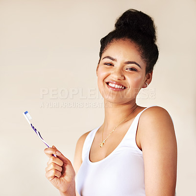 Buy stock photo Smile, dental and portrait of woman with toothbrush in studio for morning hygiene routine for teeth. Happy, health and person with oral care product for plaque, gums and breath by white background.