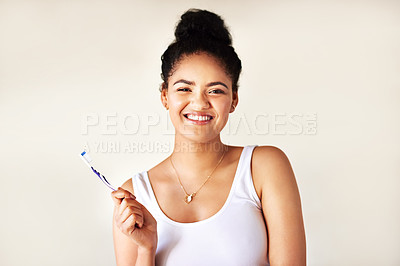 Buy stock photo Smile, dental health and portrait of woman with toothbrush for morning hygiene routine in studio. Happy, clean and person with oral care product for plaque, gums and fresh breath by white background.
