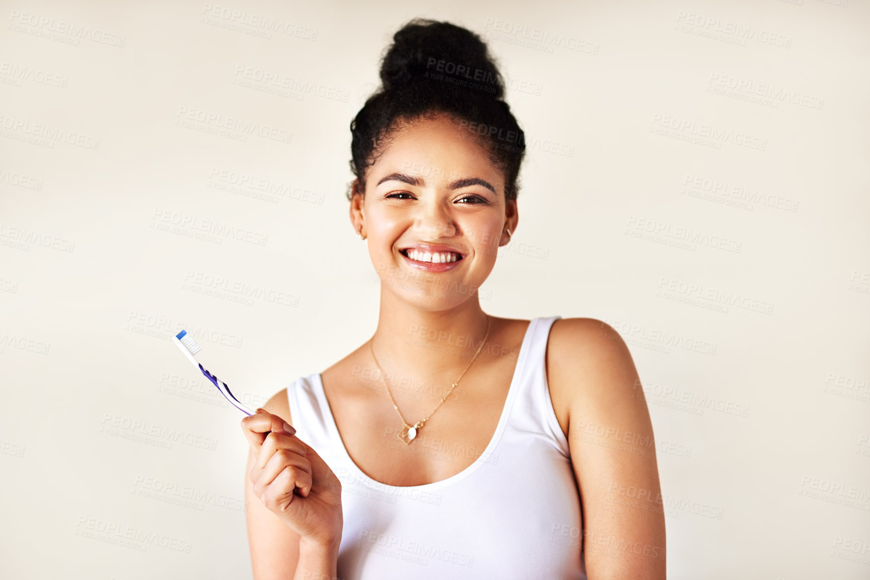 Buy stock photo Smile, dental health and portrait of woman with toothbrush for morning hygiene routine in studio. Happy, clean and person with oral care product for plaque, gums and fresh breath by white background.