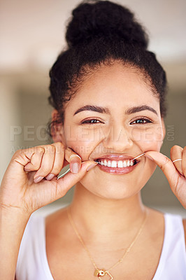 Buy stock photo Smile, floss and portrait of woman with hygiene for morning teeth routine with health for gums. Happy, dentistry and female person with oral care thread for cleaning treatment to prevent cavity.
