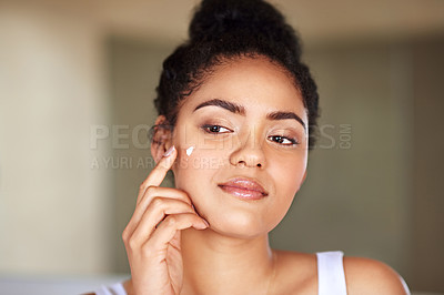 Buy stock photo Woman, skincare and face with cream for moisturizing or facial treatment or dermatology at home. Young female person or model with lotion or creme for anti aging skin, beauty or cosmetics at house
