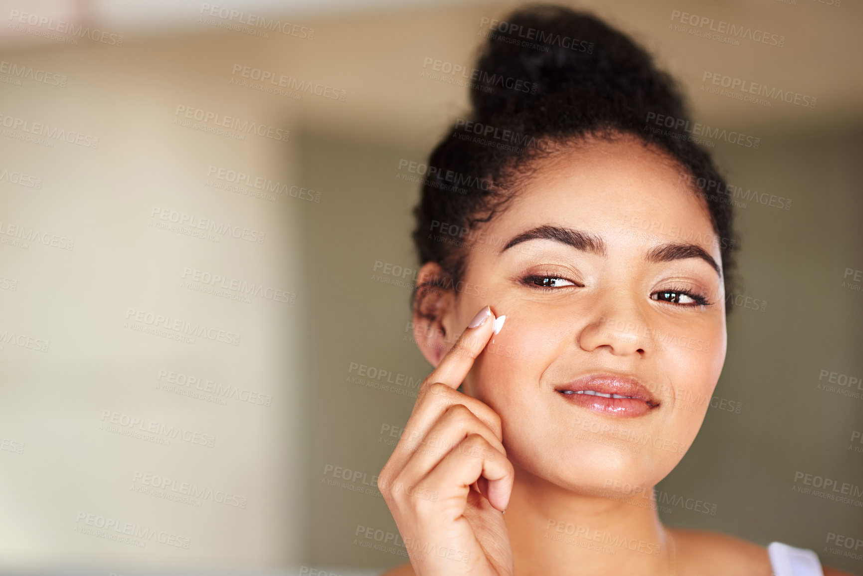 Buy stock photo Happy woman, skincare and moisturizing with face cream for facial treatment, dermatology or SPF at home. Young female person or model with lotion or creme for anti aging skin, beauty or cosmetics