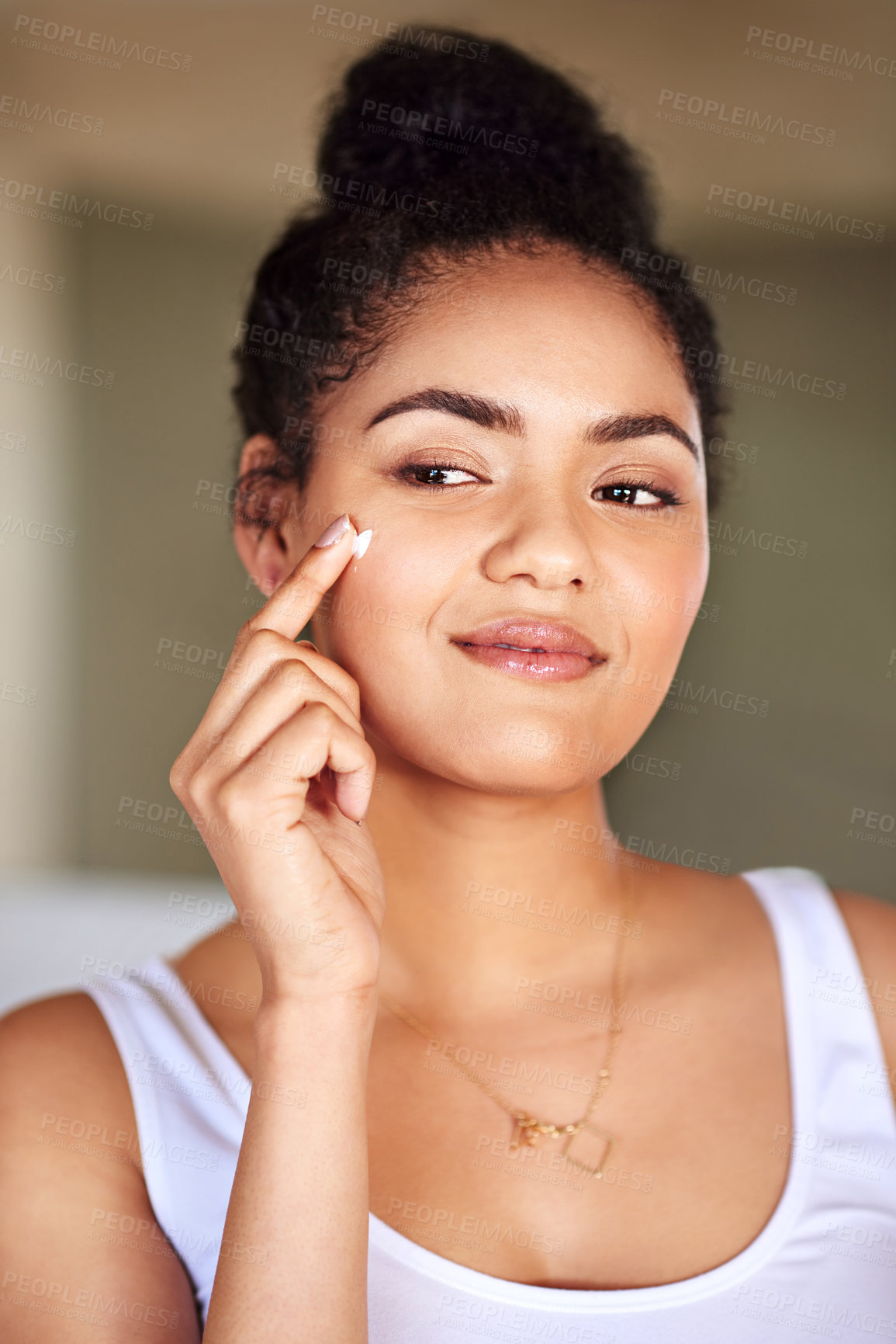 Buy stock photo Woman, skincare and facial treatment with face cream for dermatology, moisturizing or SPF at home. Young female person or model with lotion or creme for anti aging skin, beauty or cosmetics at house
