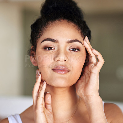 Buy stock photo Woman, skincare and portrait in bathroom at home for routine, cleaning or natural beauty. Female person, smile and confident in restroom with soft glow, shine and touching face in Mexico apartment