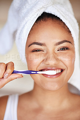 Buy stock photo Happy, hygiene and portrait of woman with toothbrush for morning dental health routine in bathroom. Smile, wellness and female person with oral care product for plaque, gums and fresh breath at home.