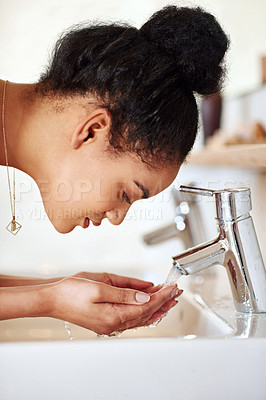 Buy stock photo Woman, bathroom and hands for washing face, skincare and beauty for morning routine or wellness in home. Female person, tap or girl cleaning with water in house for natural facial treatment in basin