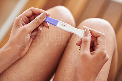 Buy stock photo Woman, hands and pregnancy test with negative line on stick for examination or results at home. Closeup of female person waiting in motherhood with maternity exam for impregnation sign or expectation