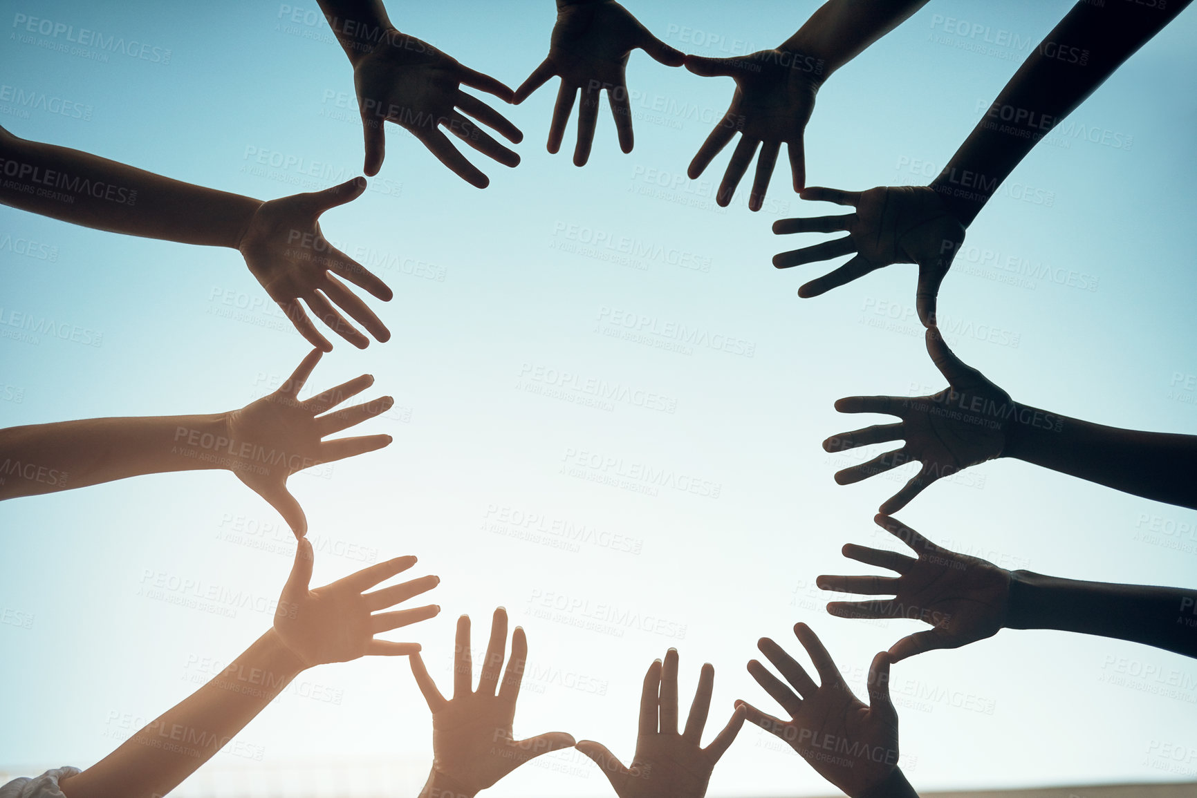 Buy stock photo Group, circle and open hands for support and teamwork for trust in the community with sky background. Together, diversity and hand for motivation and solidarity for global collaboration and unity.
