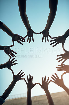 Buy stock photo Group, circle and teamwork with open hands of people for support, community and help with bottom view. Collaboration, trust and motivation with closeup of friends for mockup, solidarity and faith