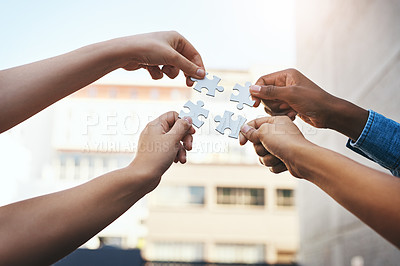 Buy stock photo Hands, puzzle and people in teamwork collaboration, support and strategy or solution. Team building, jigsaw and person team with goal growth, problem solving and partnership, integration or synergy