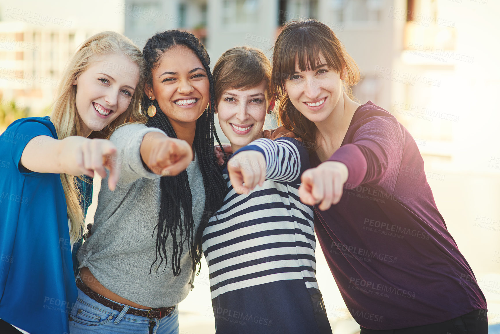Buy stock photo City, smile and portrait of friends with point for offer in opportunity, choice and decision to vote. Nature, happy and group of women with hand gesture for recruitment, selection and headhunting