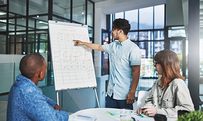 Buy stock photo Whiteboard, business and employees with schedule on meeting for strategy, planning and brainstorming. People, paperwork and office as research analyst for project with teamwork and collaboration