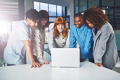 Buy stock photo Business, people and happy with laptop on meeting for strategy, planning and brainstorming. Employees, paperwork and office as research analyst for project with teamwork, discussion and collaboration