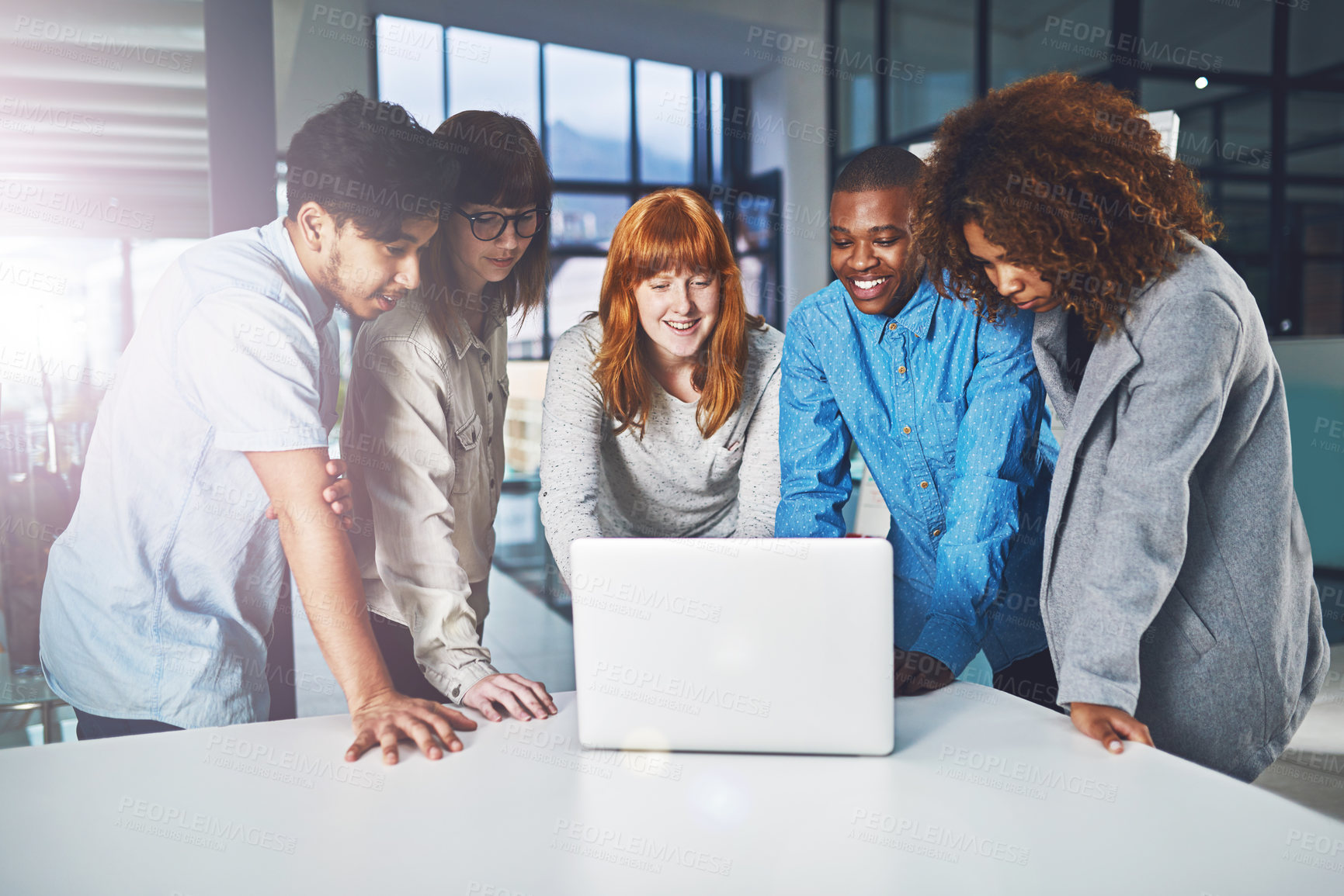 Buy stock photo Business, people and happy with laptop on meeting for strategy, planning and brainstorming. Employees, paperwork and office as research analyst for project with teamwork, discussion and collaboration