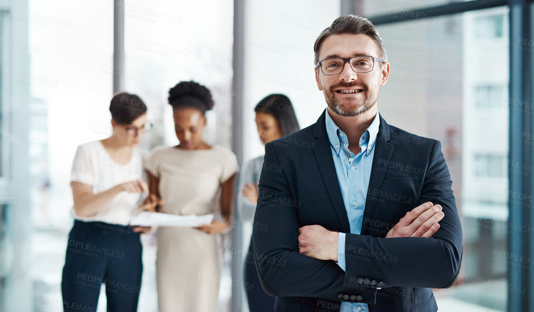 Buy stock photo Portrait, man and smile with arms crossed at office on teamwork and collaboration. People, employee and boss or team manager with happiness or confident for progress and development on project