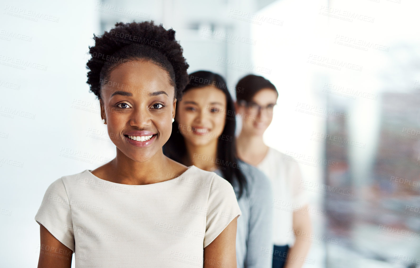 Buy stock photo Smile, woman and portrait with team in office for leadership, teamwork and career goals together. Happy, diversity and people with hr group, pride and collaboration for startup development