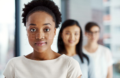 Buy stock photo Woman leading diverse team of creative people with motivation, power and a vision for a global business. Closeup portrait, headshot and face of serious black leader standing in line with colleagues