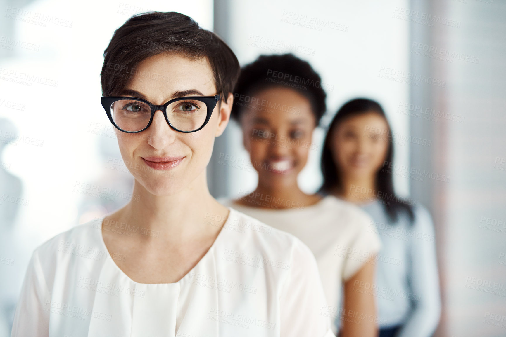 Buy stock photo Smile, business and woman in portrait with team in office for leadership, teamwork and career goals together. Diverse, people and hr group with pride, collaboration and support of startup company