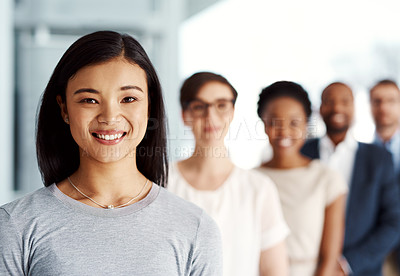 Buy stock photo Asian, business and woman in portrait with team in office for leadership, teamwork and career goals together. Smile, diverse and people with hr group, pride and collaboration for startup agency

