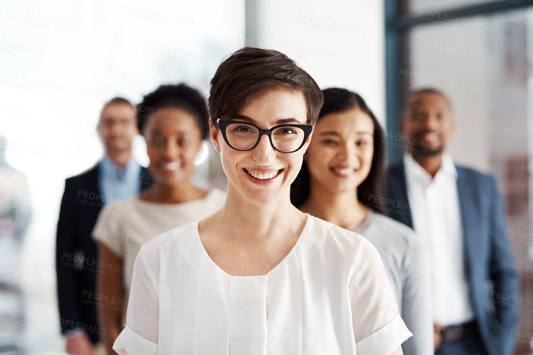 Buy stock photo A happy diverse group of smart and successful businesspeople with a satisfied leader or manager. Portrait of a team of corporate professionals smiling about company growth and development