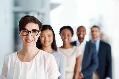 Buy stock photo Female leader in leadership, career inspiration and innovation portrait with line of successful business people looking happy and confident. Face of a professional or ambitious corporate team and CEO