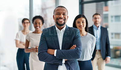 Buy stock photo Professional, diverse and successful business team smiling and standing together in an office. Happy, formal and multiracial corporate staff, bank workers or businesspeople looking at camera. 