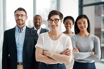 Buy stock photo Smile, woman and leader with arms crossed at office, teamwork and collaboration. People, employee and boss or team manager with confidence on portrait for progress, development and project diversity