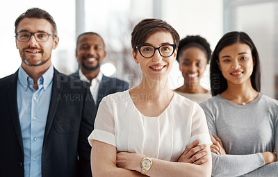 Buy stock photo Smiling and modern team of business workers happy about teamwork collaboration and success. Portrait of successful office group ready to work. Colleagues standing together with a sense of community 