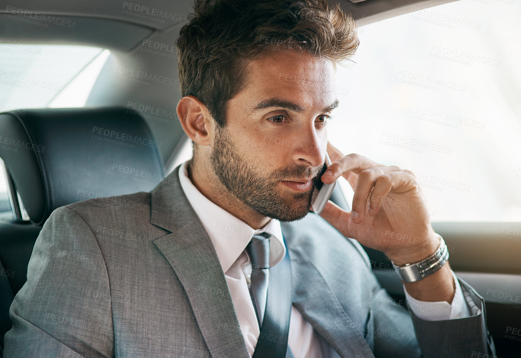 Buy stock photo PR manager, phone call and car seat for audio conversation, professional communication or telecom in city for work. Business person, serious and listen with cellular mobile in transport for travel