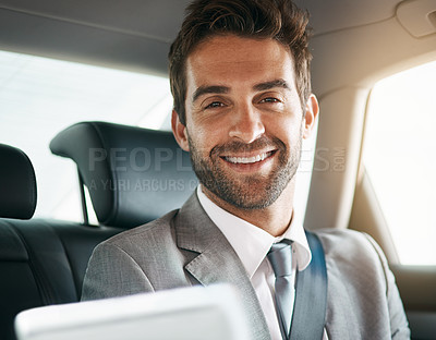 Buy stock photo Taxi, tablet and portrait of business man for travel, morning meeting or commute to airport. Transport, professional and male person with technology for networking, checking schedule or reading email