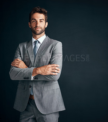 Buy stock photo Studio, portrait and confident business man, lawyer in corporate suit and professional advisor in law firm. Attorney, career and legal consultant or employee, serious and proud black background