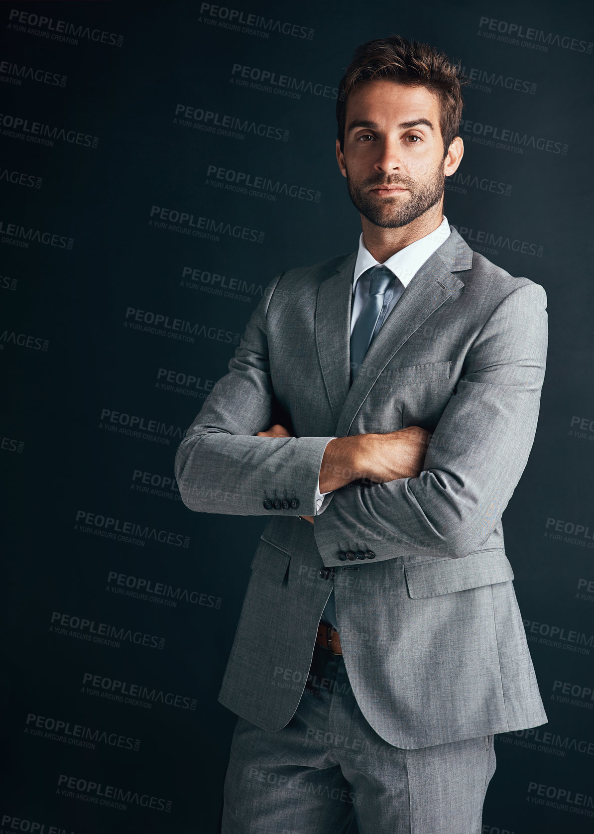 Buy stock photo Businessman, suit and portrait in studio for corporate career,  professional style or business in company. PR manager, serious or confident with organisation or ambition on dark background in mockup