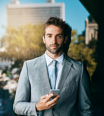 Buy stock photo Corporate, smile and portrait of businessman with smartphone for networking, reading email or news. Lens flare, professional and person with mobile for texting, browsing internet or social media