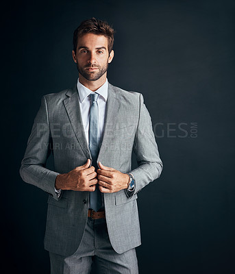 Buy stock photo Studio, portrait and proud businessman or lawyer, corporate suit and professional advisor in law firm. Attorney, career and legal consultant or employee, serious person and proud on black background