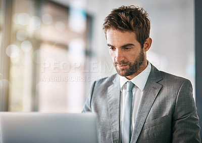 Buy stock photo Business, man and online with laptop in office for admin work as company finance manager or supervisor. Male employee, serious and professional for report or project, technology and corporate career.