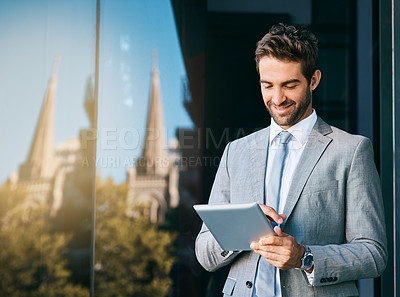 Buy stock photo Building, happy and businessman online with tablet for company growth or report review and checking emails. Male corporate employee, digital technology and research for feedback on business website.