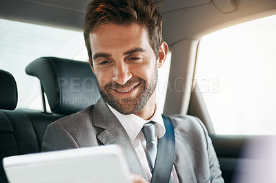 Buy stock photo Car, happy and businessman with tablet for travel, morning meeting or commute to airport. Transport, professional and male employee with technology for networking, checking schedule or reading email