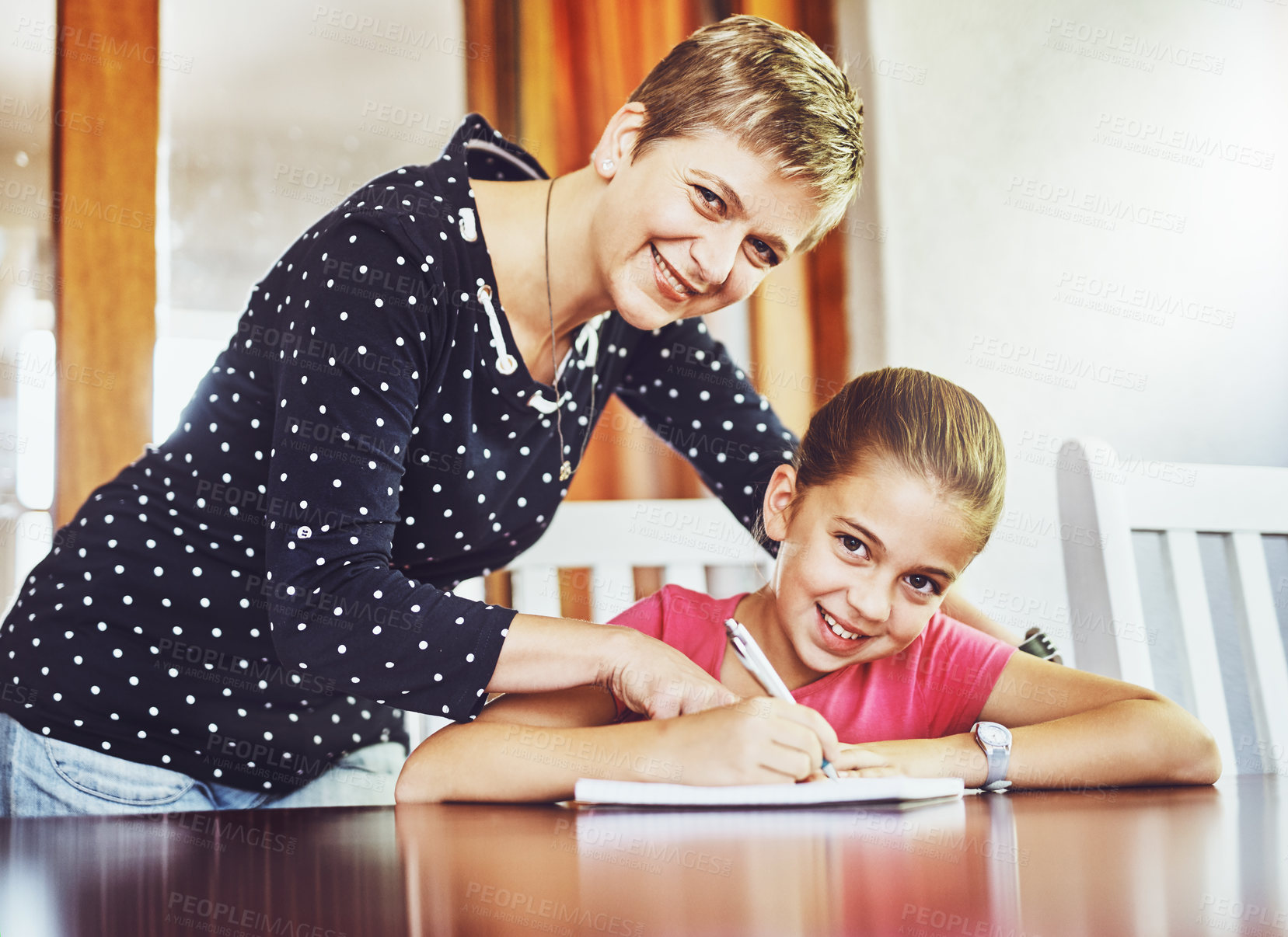 Buy stock photo Mom, daughter and homework in portrait for learn with child development for education with writing, notebook and pen. Growth, study and homeschool at table with helping for assignment with paper