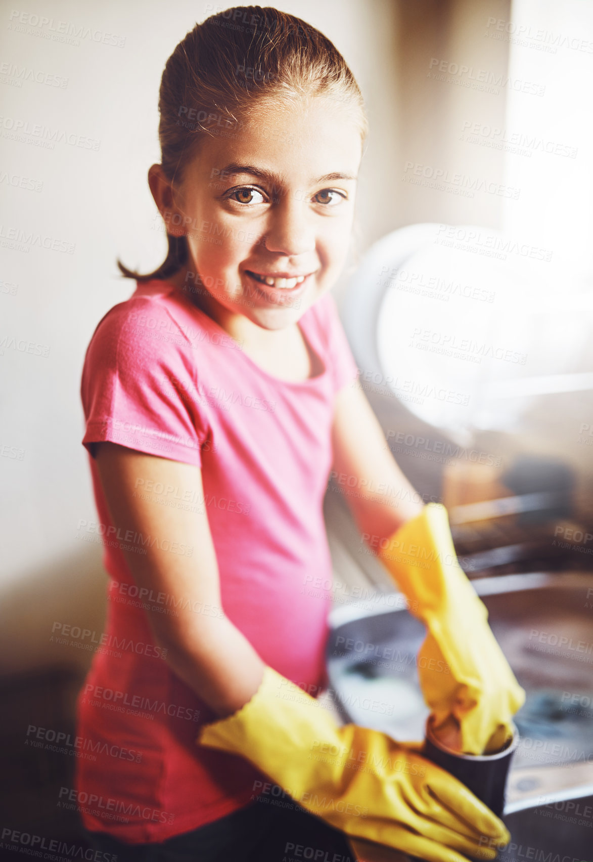 Buy stock photo Portrait, washing dishes or girl with dirty cup or gloves in kitchen sink in home for healthy hygiene. Happy, development or kid cleaning with soap to disinfect plates of mess, bacteria or germs