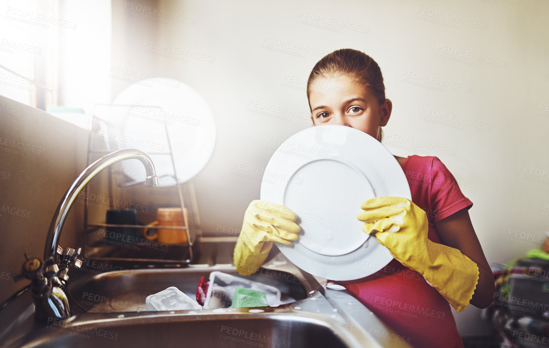 Buy stock photo Portrait, washing dishes or kid with plate and gloves in kitchen sink in home for healthy hygiene. Learning, development or girl cleaning with water or soap to disinfect of mess, bacteria or germs