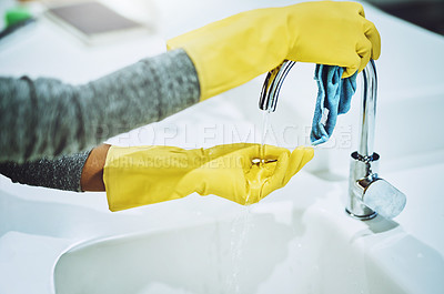 Buy stock photo Tap, cleaning or hands of person with gloves, water or cloth in kitchen sink in home for healthy hygiene. Removal, wellness or cleaner with soap to disinfect dirty faucet of mess, bacteria or germs