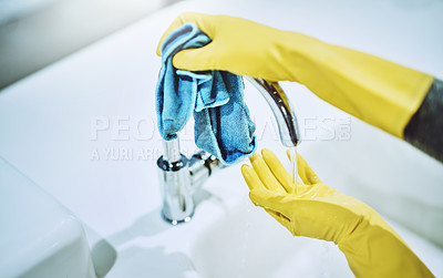 Buy stock photo Sink, cleaning or hands of person with gloves, water or cloth in kitchen in home for tap or healthy hygiene. Liquid, wellness or cleaner with soap to disinfect dirty faucet of mess, bacteria or germs